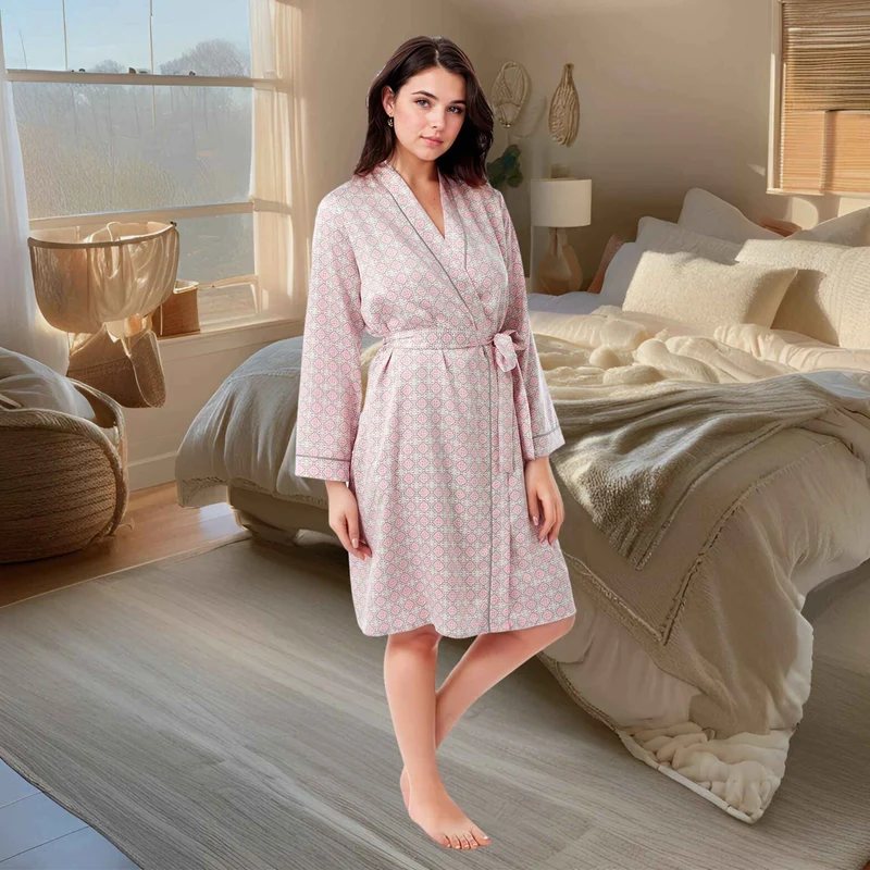 Damen-Morgenmantel, Satin-Kimono-Bademantel, Nachtwäsche, Aqua und Koralle