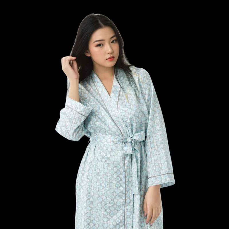 Damen-Morgenmantel, Satin-Kimono-Bademantel, Nachtwäsche, Aqua und Koralle