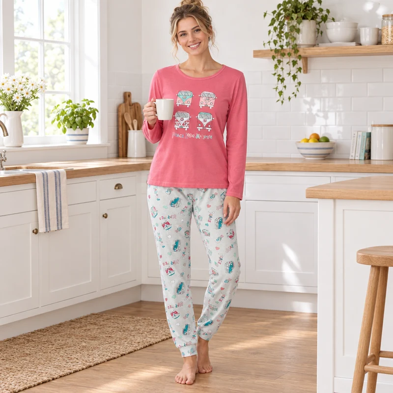 Damen-Langarmpyjama, Loungewear, Nachtwäsche in Blau und Koralle