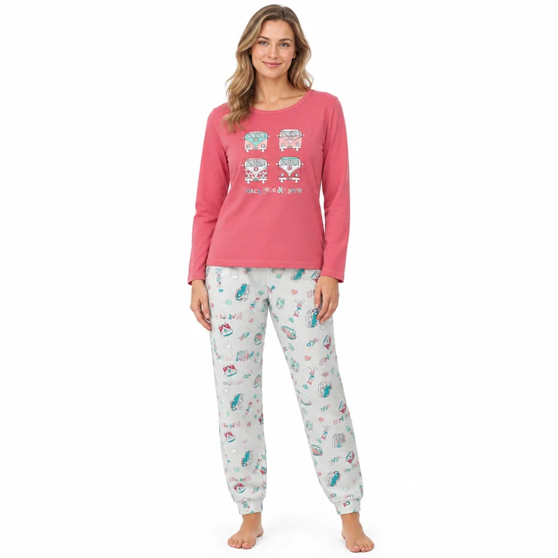 Damen-Langarmpyjama, Loungewear, Nachtwäsche in Blau und Koralle