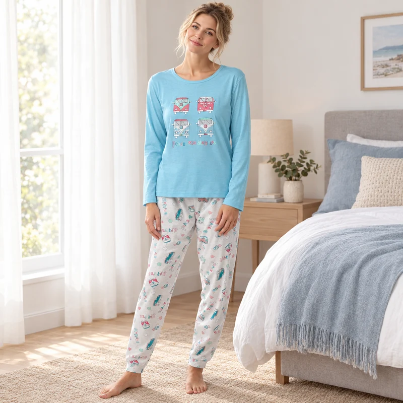 Damen-Langarmpyjama, Loungewear, Nachtwäsche in Blau und Koralle