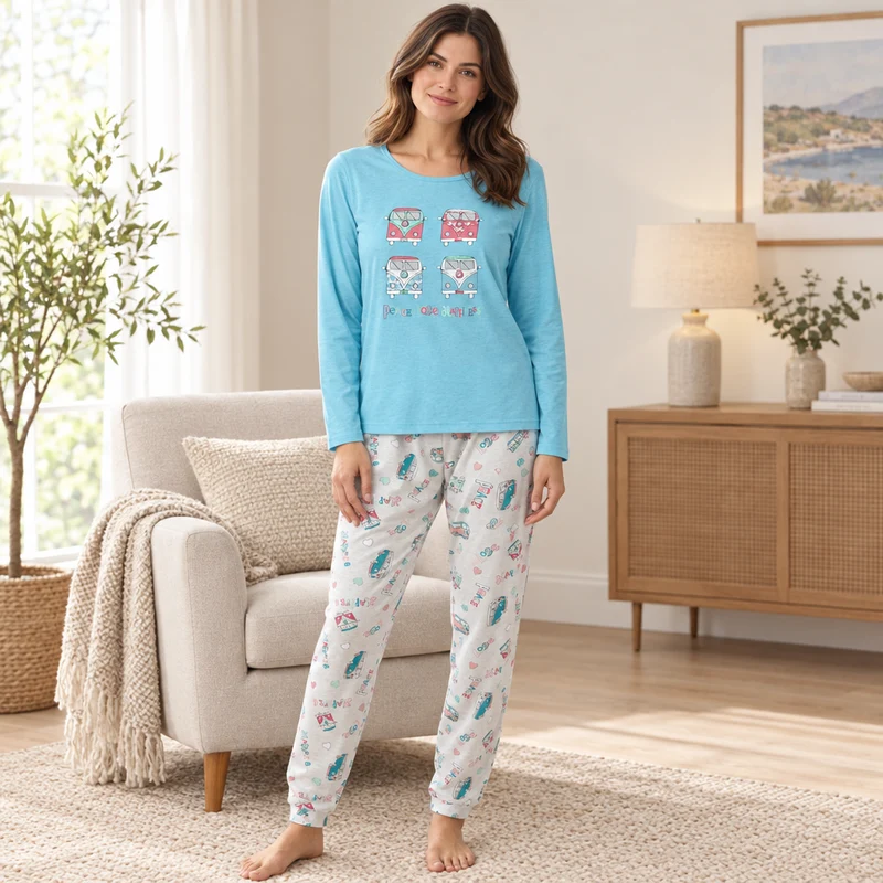 Damen-Langarmpyjama, Loungewear, Nachtwäsche in Blau und Koralle