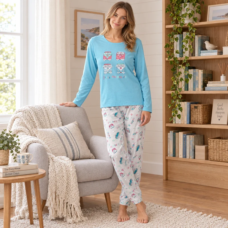 Damen-Langarmpyjama, Loungewear, Nachtwäsche in Blau und Koralle