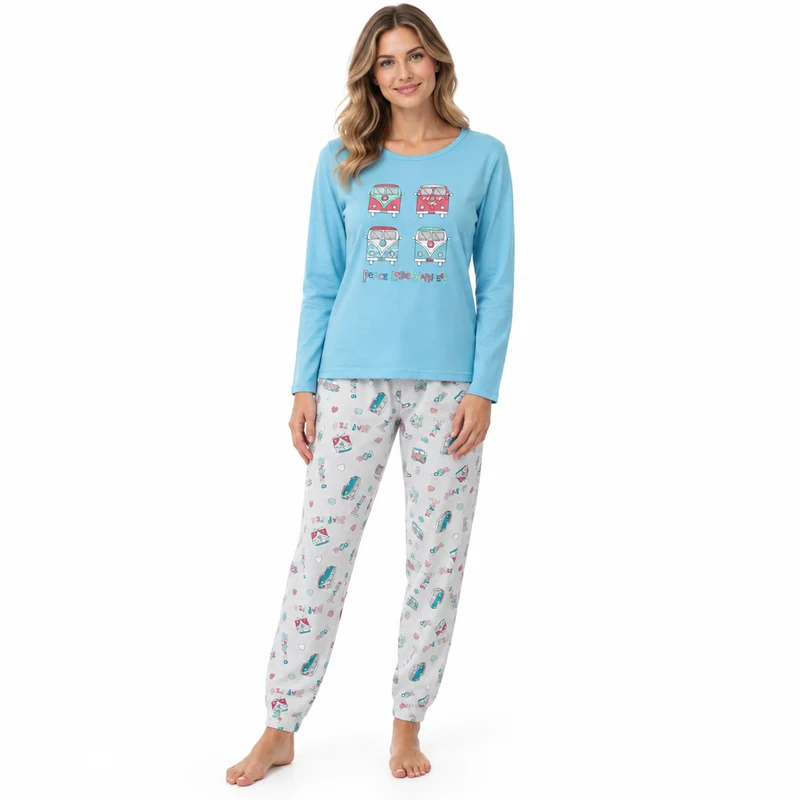 Damen-Langarmpyjama, Loungewear, Nachtwäsche in Blau und Koralle