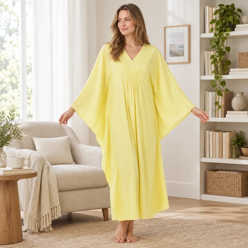Damen-Baumwollkaftan in Zitronengelb – Einheitsgröße