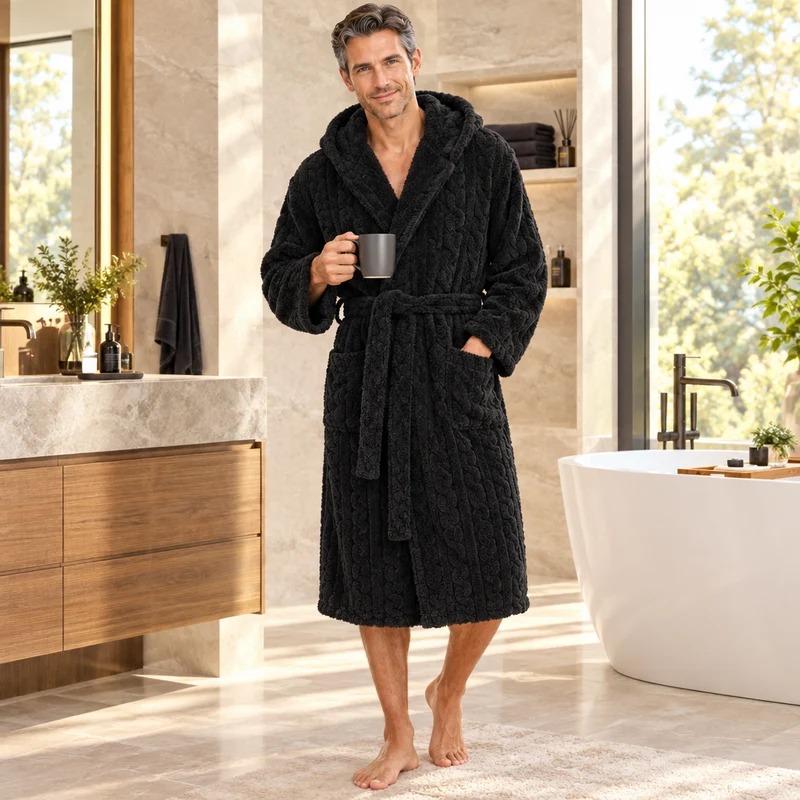 Jacquard-Flanell-Bademantel mit Kapuze für Herren - Plüschiger Korallenfleece-Bademantel