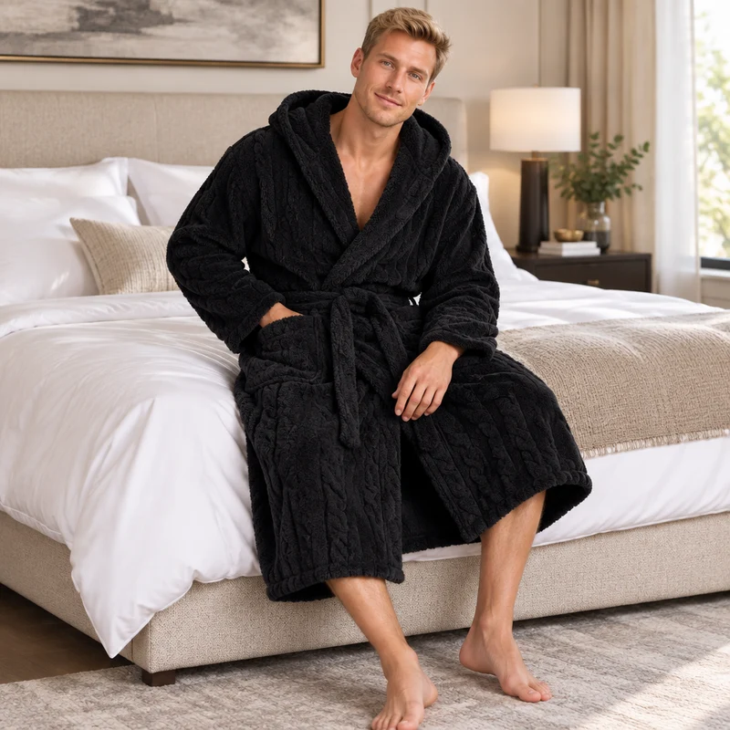 Jacquard-Flanell-Bademantel mit Kapuze für Herren - Plüschiger Korallenfleece-Bademantel