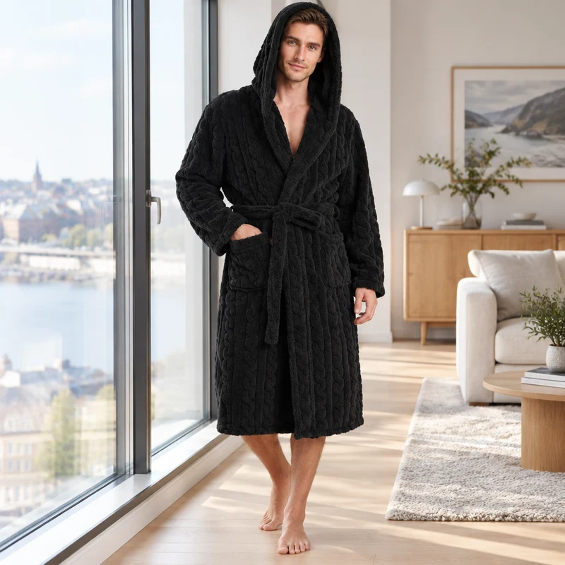 Jacquard-Flanell-Bademantel mit Kapuze für Herren - Plüschiger Korallenfleece-Bademantel