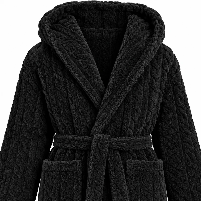 Jacquard-Flanell-Bademantel mit Kapuze für Herren - Plüschiger Korallenfleece-Bademantel