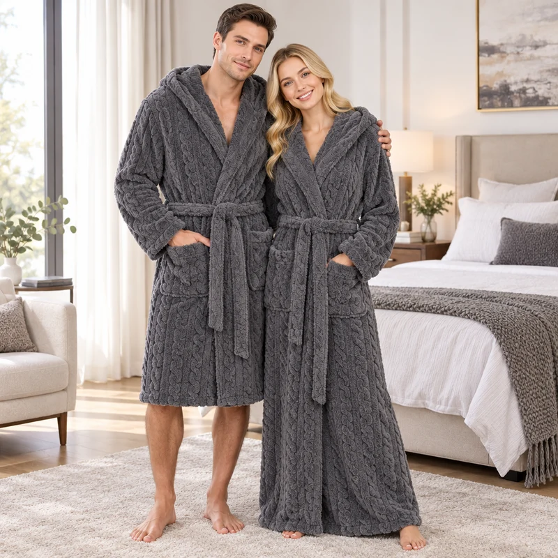 Jacquard-Flanell-Bademantel mit Kapuze für Herren - Plüschiger Korallenfleece-Bademantel