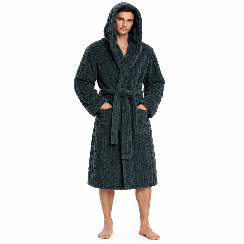 Jacquard-Flanell-Bademantel mit Kapuze für Herren - Plüschiger Korallenfleece-Bademantel