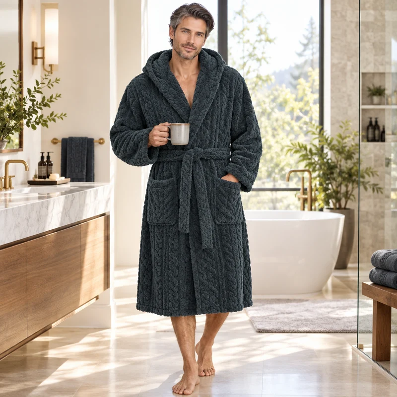 Jacquard-Flanell-Bademantel mit Kapuze für Herren - Plüschiger Korallenfleece-Bademantel