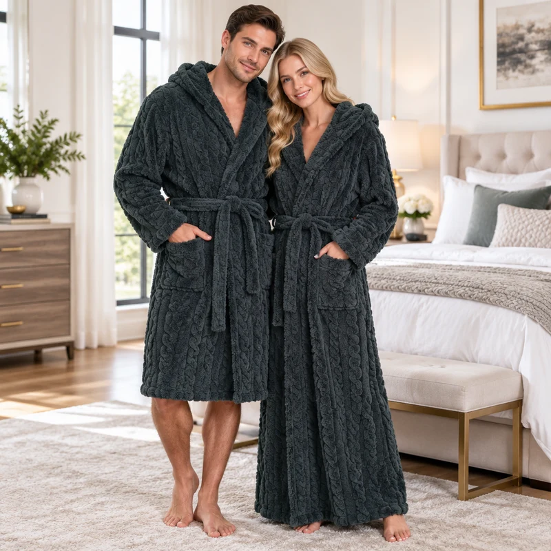 Jacquard-Flanell-Bademantel mit Kapuze für Herren - Plüschiger Korallenfleece-Bademantel