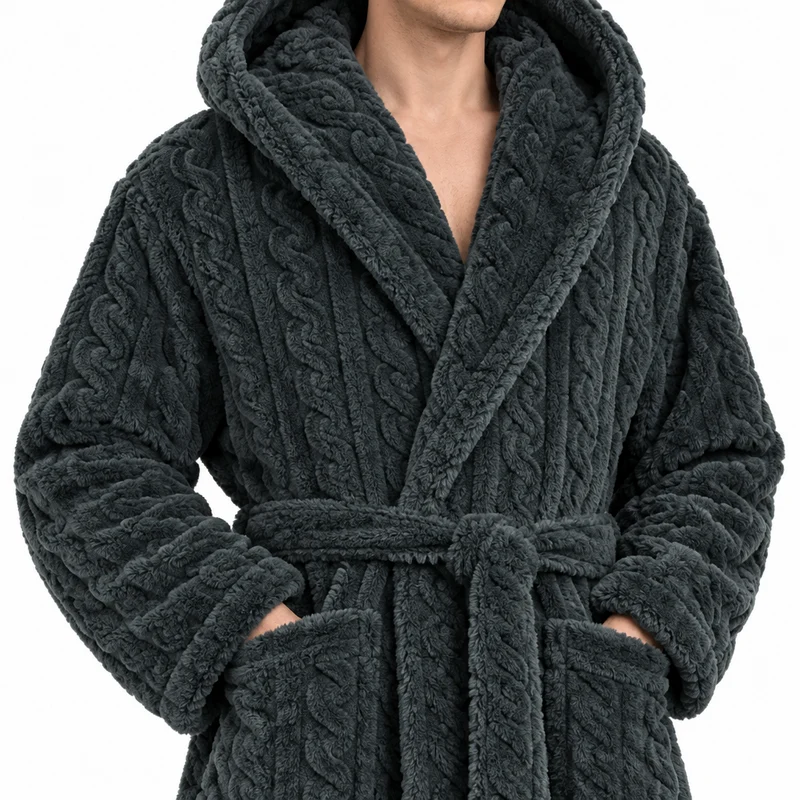 Jacquard-Flanell-Bademantel mit Kapuze für Herren - Plüschiger Korallenfleece-Bademantel