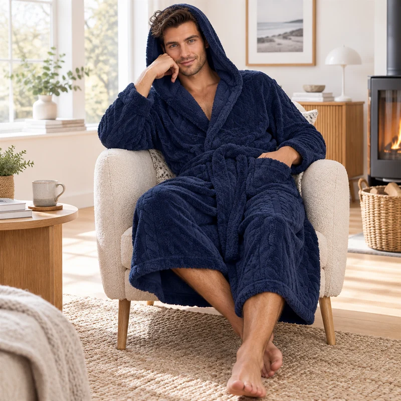 Jacquard-Flanell-Bademantel mit Kapuze für Herren - Plüschiger Korallenfleece-Bademantel