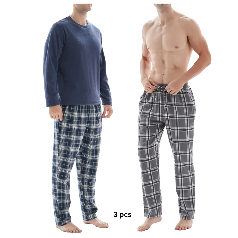 3-teiliger Herren-Pyjama mit langärmeligem Polyester-Oberteil und karierter Baumwollhose
