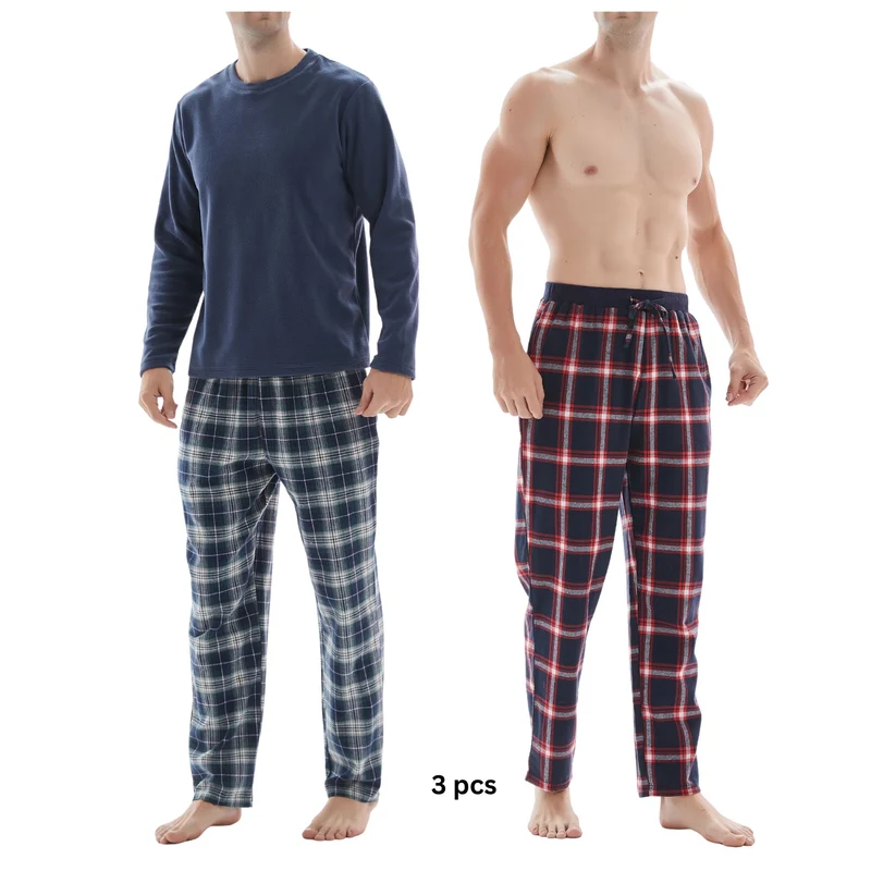 3-teiliger Herren-Pyjama mit langärmeligem Polyester-Oberteil und karierter Baumwollhose