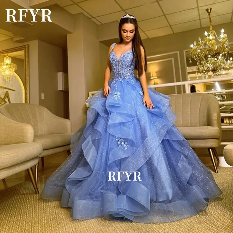 RFYR A-Linien-Abendkleid, Spitzen-Ballkleid, mehrlagig, elegant, Prinzessinnenkleid, Applikationen, Partykleid