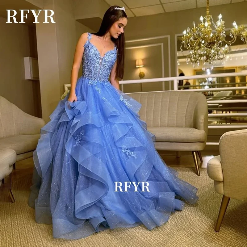 RFYR A-Linien-Abendkleid, Spitzen-Ballkleid, mehrlagig, elegant, Prinzessinnenkleid, Applikationen, Partykleid
