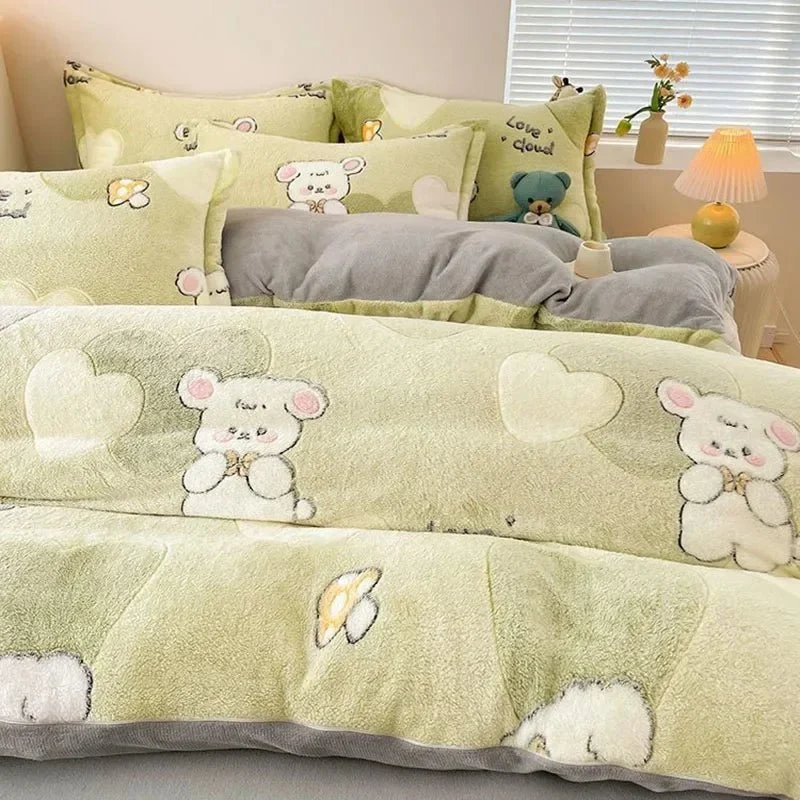 Herbst- und Winter-Schneeflocken-Bettbezug aus Samt – Dicker Flanell-Bettbezug mit Cartoon-Print für weiche, kuschelige und warme Plüschbettwäsche