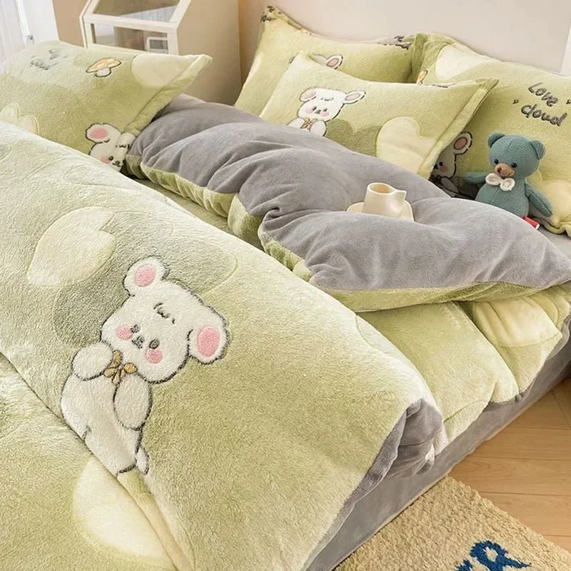 Herbst- und Winter-Schneeflocken-Bettbezug aus Samt – Dicker Flanell-Bettbezug mit Cartoon-Print für weiche, kuschelige und warme Plüschbettwäsche