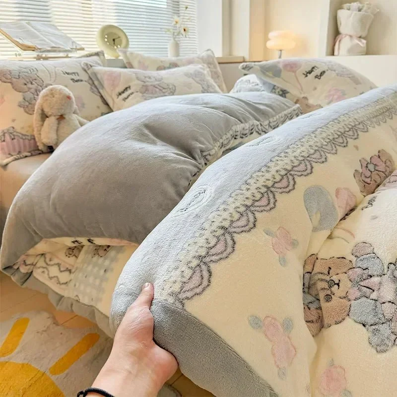 Herbst- und Winter-Schneeflocken-Bettbezug aus Samt – Dicker Flanell-Bettbezug mit Cartoon-Print für weiche, kuschelige und warme Plüschbettwäsche